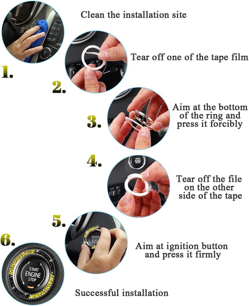 ToBeQueen Bling Black Yellow Push Start Button Cover Emblem Sticker, Crystal Diamond Rhinestone Engine Start Ring Car Decor, Yellow and Black Car Accessories for Women - Image 5